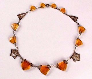 Vintage Art Deco Amber Glass Bead Brass Collar Necklace Necklace