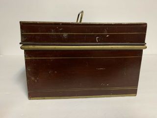 Antique Bank Enamel METAL BOX Tin Cash Money Deed Brown/Maroon & Gold 3