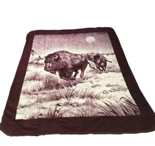 Vintage San Marcos Bison Maroon Reversible Blanket Throw 88 X 72