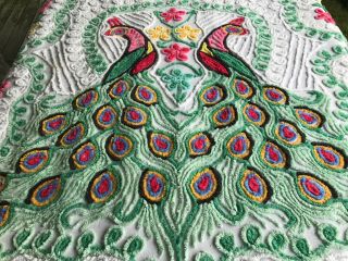 96 " White Vintage Chenille Bedspread / Wonderful Green Red Pink Double Peacocks