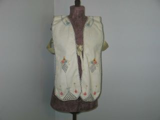 Vintage Apron Pinafore Smock 1940s Hand Embroidered Art Deco Flowers - Silk Ties