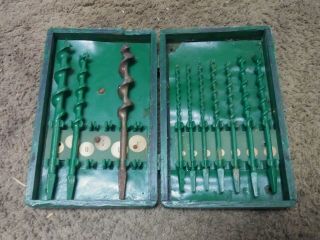 Antique Vintage Irwin Auger Brace Drill Wooden Box With 10 Bits