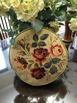 Gorgeous Vintage Hand Crafted Needlepoint Pillow Round Roses Petit Point Pink