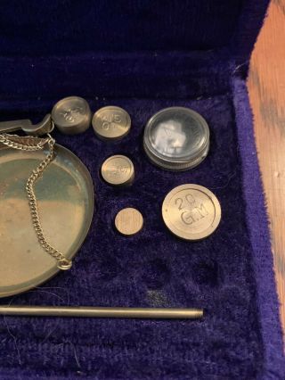 Antique Gold Coin Travel Balance Scale With Weights Self - Contained In Velve Box 2