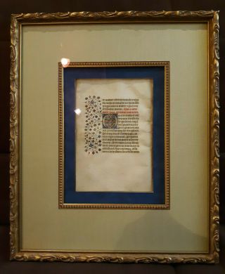 A Leaf From Book Of Hours In Latin On Vellum.  France.  Framed.  (c.  1410)