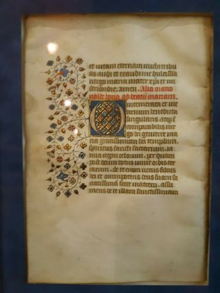 A Leaf from Book of Hours in Latin on Vellum.  France.  Framed.  (c.  1410) 2