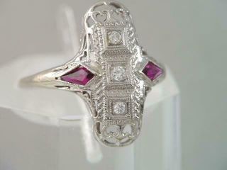 Antique Art Deco 14k Solid White Gold Filigree Diamond & Ruby Ring Gorgeous Look