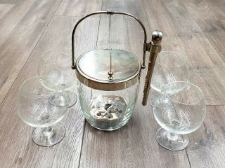Vintage Mid Century Glass Ice Bucket W 4 Snifter Cocktail Glasses Etched Stars