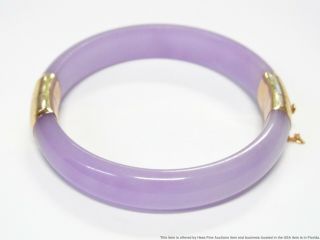 Vintage 14k Gold Lavender Jadeite Bracelet Hinged Chinese Round Jade Bangle