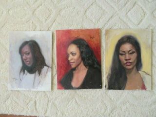 3 Gorgeous Old Vintage Portrait Oil Painting Woman Black Women Ethnic