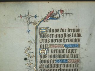 RARE Illuminated Vellum Manuscript Book of Hours Leaf,  DRAGON Miniature,  c.  1400 2