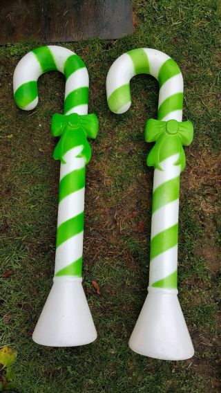 2 Vintage Union Christmas 30 " Lighted Blow Molds Green Candy Canes With Bows
