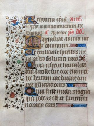 Illuminated Mnuscript Leaf From Book Of Hours C.  1460 Gold Inittials