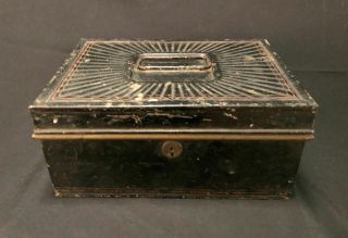 Late 19th Early 20th C Blackened Tin Cash Box,  Gold Red Stripes,  Copper Wash Int
