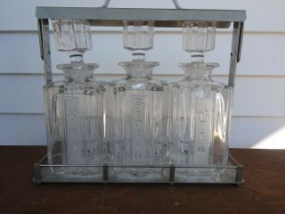 Mcm Vintage 3 Glass Liquor Decanters Set Tantalus In Chrome Stand Rye Gin Scotch
