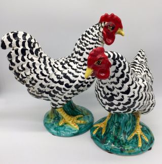 Awesome Porcelain Ceramic Pottery Hen And Rooster Set Pair Vintage Collectible
