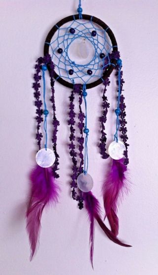 Cherokee Handmade Dream Catcher,  Purple & Turquoise Feathers,  Wood Beads