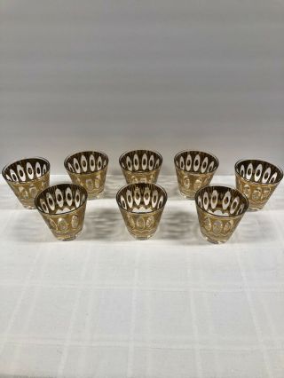 Vintage Culver Barware Set Of 8 Whiskey Bourbon Low Ball Glasses 22kt Gold Usa