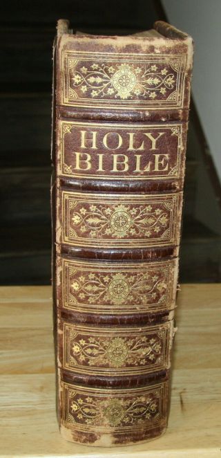 LARGE antique C1880 family Holy Bible blank family pages illustrated GREAT 2