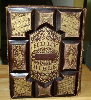 LARGE antique C1880 family Holy Bible blank family pages illustrated GREAT 3