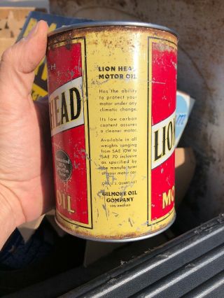 Lion Head Motor Oil Can Metal 1 QUART GILMORE OIL LOS ANGELES CA Rolled 2