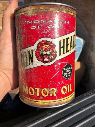 Lion Head Motor Oil Can Metal 1 QUART GILMORE OIL LOS ANGELES CA Rolled 3