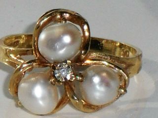 Antique Art Deco Natural Pearl & Diamond 9ct Yellow Gold Trilogy Ring