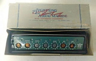 Antique Lightning Portable Adding Machine With Box And Paperwork
