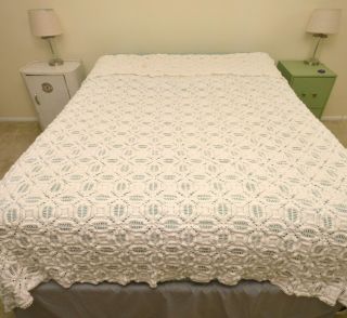 Vtg Coverlet Cotton Crocheted 82 X 106 Queen Beadspread Tablecloth White Farm