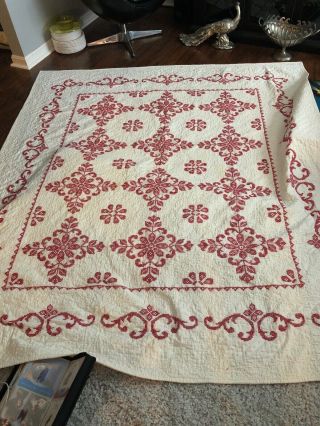 Vintage Embroidered Red And White 88 X 78 Quilt Stained