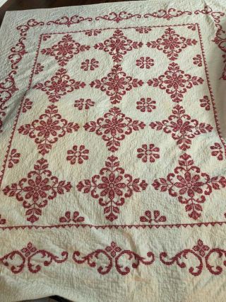 Vintage Embroidered Red And White 88 X 78 Quilt Stained 2