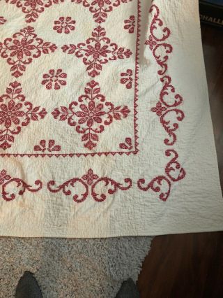 Vintage Embroidered Red And White 88 X 78 Quilt Stained 3