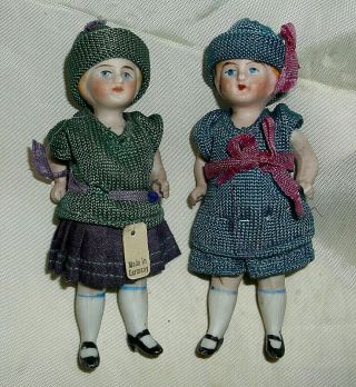 2 Antique 3.  5 " All Bisque German Dollhouse Doll Twins Near - Orig.  Clothes