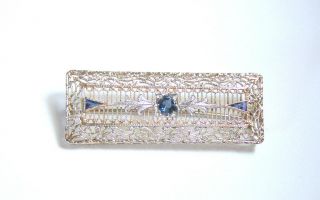 Antique Art Deco 14k White Gold & Sapphire Filigree Nouveau Bar Pin Brooch