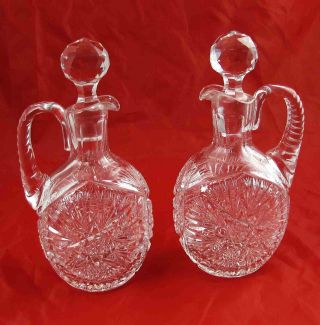 Pair 2 Antique American Brilliant Cut Glass Claret Port Decanters Jugs