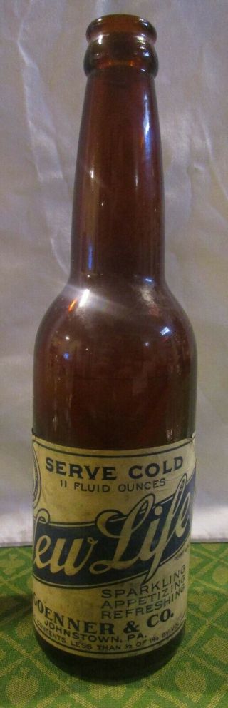 Vintage Prohibition Glass Beer Bottle - - Life,  Goenner Bry,  Johnstown,  Pa