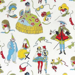 Vtg 50s Venice Masquerade Carnival Cotton Novelty Print Dress Skirt Fabric 4 Yds