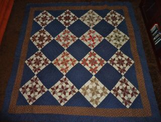 Vintage Hand Made Quilt 8 Point Stars Hand Quilted 74 X 76 Navy Brown Tlc Needed