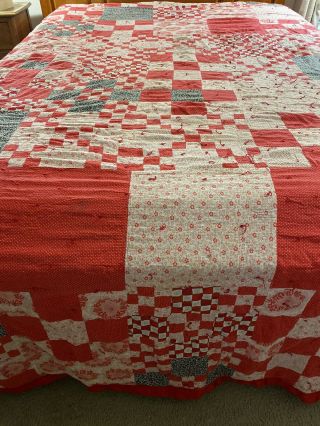 Huge Vintage Handmade Red & White Nine Patch Quilt 113 " X 111 "