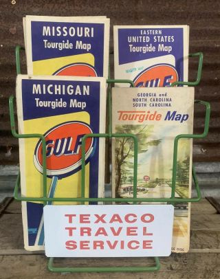 Vtg 40s - 50s Texaco Travel Service Wall Map Wire Rack Display Holder w/ Sign 2