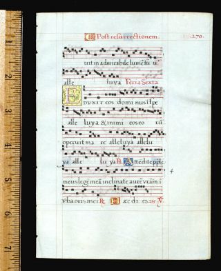 Scarce Illuminated Manuscript Processional Leaf 1550 Music,  Initial,  Easter