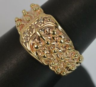 Large Solid 9 Carat Yellow Gold & Diamond Buckle Band Ring - Size S 1/2 P0562