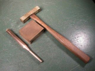 Old Vintage Tools Machinist Machining Fine Brass Hammer,  Punch And Block