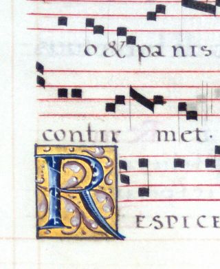 Illuminated Manuscript Processional Leaf 1550 Music,  Initials With Gold - Scarce