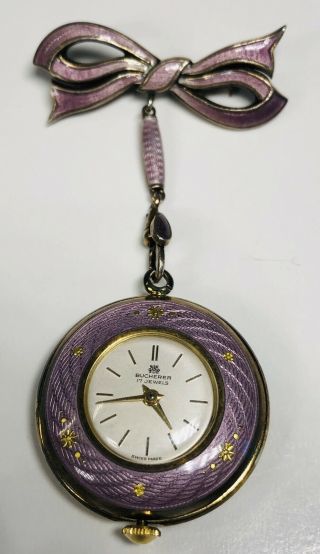 Antique 1920s Guilloche Enamel Pocket Watch Bucherer Clock Dangle Bow Pin Brooch