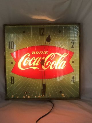 1960s Pam Clock Co.  Coca Cola Green Fishtail Lighted Clock " Great "