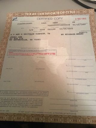 1965 Chevy Chevrolet Truck Title Historical Document Texas