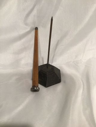 Vintage Metal Iron Spike Receipt Holder / Hexagon Base With Wooden Spike Cover