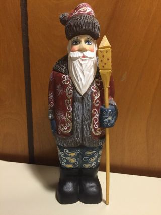 Vintage Russian Hand Carved Wooden Hand Painted Santa Figure 7”