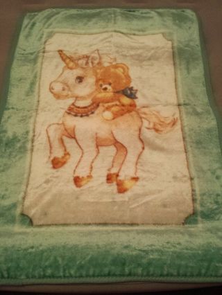 Vintage San Marcos Baby Blanket Unicorn Teddy Bear Mink Throw Green White 45 40